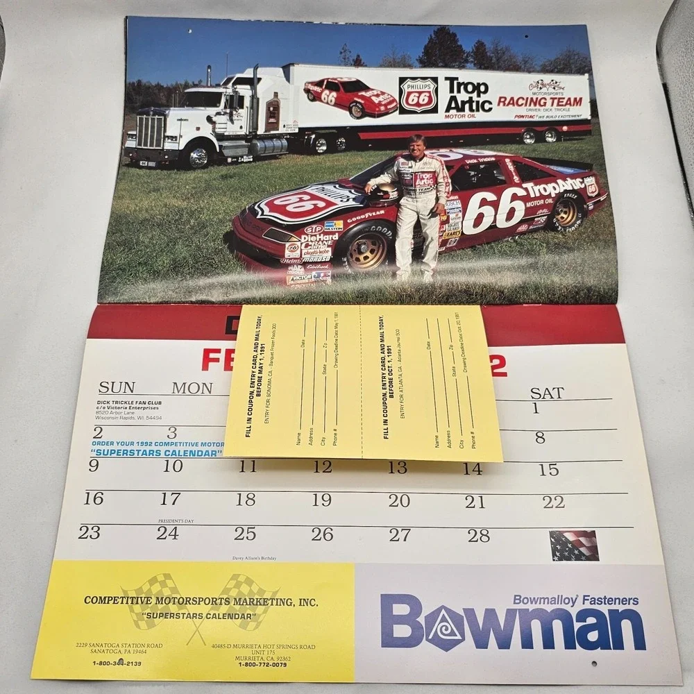 1991 Stock Car Racing Calendar Wallace Irvan Petty Bondine Marlin Allison Jarret
